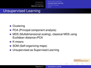 Supervised Learning
                        Introduction
                                       Unsupervised Learning
                       Visualization
                                       Random Forests
                   Machine Learning
                                       SVM


Unsupervised Learning



     Clustering
     PCA (Principal component analysis)
     MDS (Multidimensional scaling), classical MDS using
     Euclidean distance=PCA
     K-means
     SOM (Self-organizing maps)
     Unsupervised as Supervised Learning




                        Xiaochun Li    Visualization and ML
 