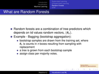 Supervised Learning
                         Introduction
                                        Unsupervised Learning
                        Visualization
                                        Random Forests
                    Machine Learning
                                        SVM


What are Random Forests



     Random forests are a combination of tree predictors which
     depends on iid values random vectors, {θ k }.
                                            θ
     Example - Bagging (bootstrap aggregation):
         bootstrap samples are drawn from the training set, where
         θ k is counts in n boxes resulting from sampling with
         replacement
         a tree is grown from each bootstrap sample
         assign class per majority votes.




                         Xiaochun Li    Visualization and ML
 