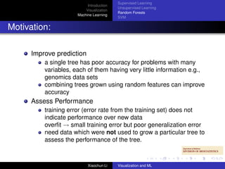 Supervised Learning
                           Introduction
                                          Unsupervised Learning
                          Visualization
                                          Random Forests
                      Machine Learning
                                          SVM


Motivation:

      Improve prediction
          a single tree has poor accuracy for problems with many
          variables, each of them having very little information e.g.,
          genomics data sets
          combining trees grown using random features can improve
          accuracy
      Assess Performance
          training error (error rate from the training set) does not
          indicate performance over new data
          overﬁt → small training error but poor generalization error
          need data which were not used to grow a particular tree to
          assess the performance of the tree.



                           Xiaochun Li    Visualization and ML
 