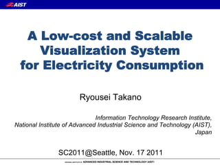 A Low-cost and Scalable
     Visualization System
  for Electricity Consumption	

                       Ryousei Takano

                              Information Technology Research Institute,
National Institute of Advanced Industrial Science and Technology (AIST),
                                                                  Japan	


                SC2011@Seattle, Nov. 17 2011	
 