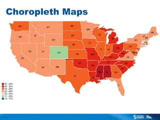 Choropleth Maps

C op yr i g h t © 2 0 1 3 , S A S I n s t i t u t e I n c . A l l r i g h t s r es er v e d .

 