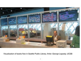 Visualization of books ﬂow in Seattle Public Library. Artist: George Legrady, UCSB

                                           5
 