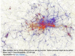 Blue pictures are by locals. Red pictures are by tourists. Yellow pictures might be by either.
Base map © OpenStreetMap, C...