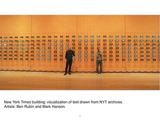 New York Times building: visualization of text drawn from NYT archives.
Artists: Ben Rubin and Mark Hanson.

             ...