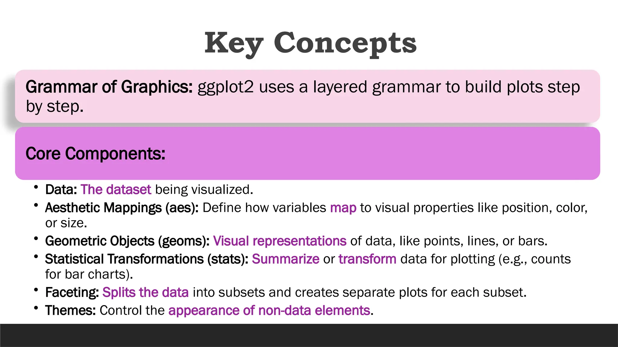 Key Concepts
Grammar of Graphics: ggplot2 uses a layered grammar to build plots step
by step.
Core Components:
• Data: The dataset being visualized.
• Aesthetic Mappings (aes): Define how variables map to visual properties like position, color,
or size.
• Geometric Objects (geoms): Visual representations of data, like points, lines, or bars.
• Statistical Transformations (stats): Summarize or transform data for plotting (e.g., counts
for bar charts).
• Faceting: Splits the data into subsets and creates separate plots for each subset.
• Themes: Control the appearance of non-data elements.
 