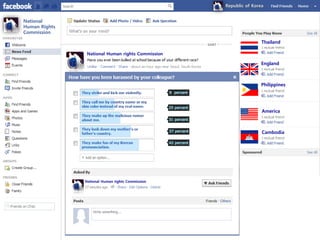 Republic of Korea


National
Human Rights
Commission

                                                                                      Thailand

                National Human rights Commission

                                                                                      England

                      37% of multicultural students say ‘yes’ this.
                                                                                      Philippines
                                                        9 percent



                                                        25 percent
                 National Human rights Commission                                     America
                                                        31 percent


                                                        37 percent                    Cambodia

                                                        42 percent




               National Human rights Commission
 