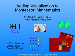Adding Visualization to Montessori Mathematics IMF Conference October 21, 2011 Sarasota, Florida by Joan A. Cotter, Ph.D. [email_address] Presentation available: ALabacus.com 7 x 7 VII 1000 10 1 100 7 3 7 3 