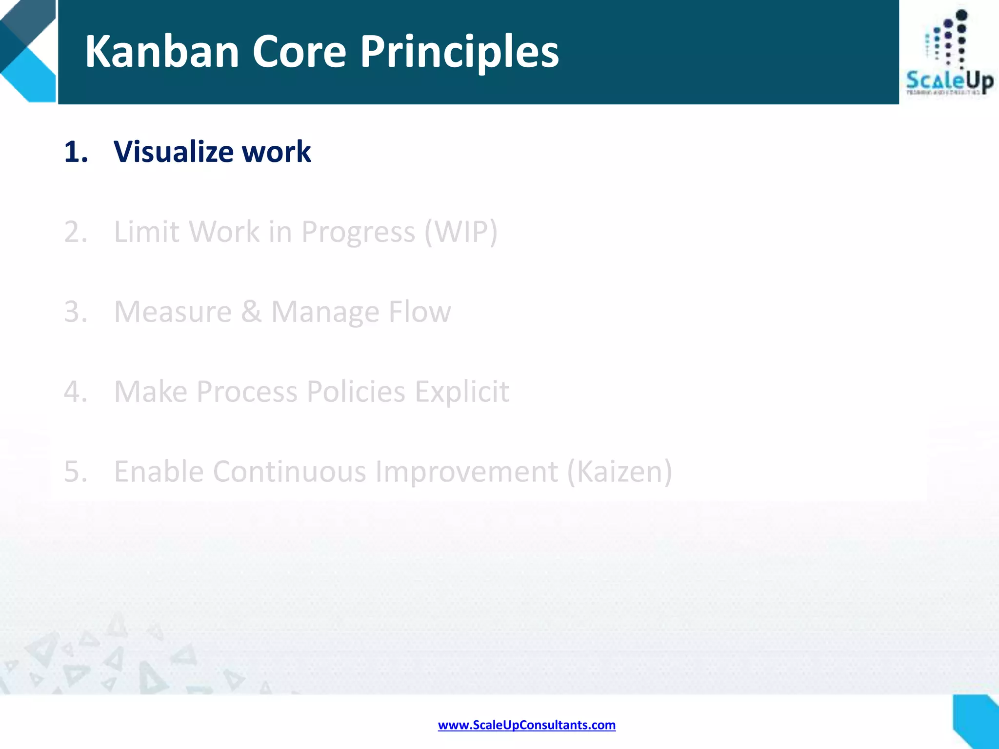 www.ScaleUpConsultants.com
1. Visualize work
2. Limit Work in Progress (WIP)
3. Measure & Manage Flow
4. Make Process Policies Explicit
5. Enable Continuous Improvement (Kaizen)
Kanban Core Principles
 