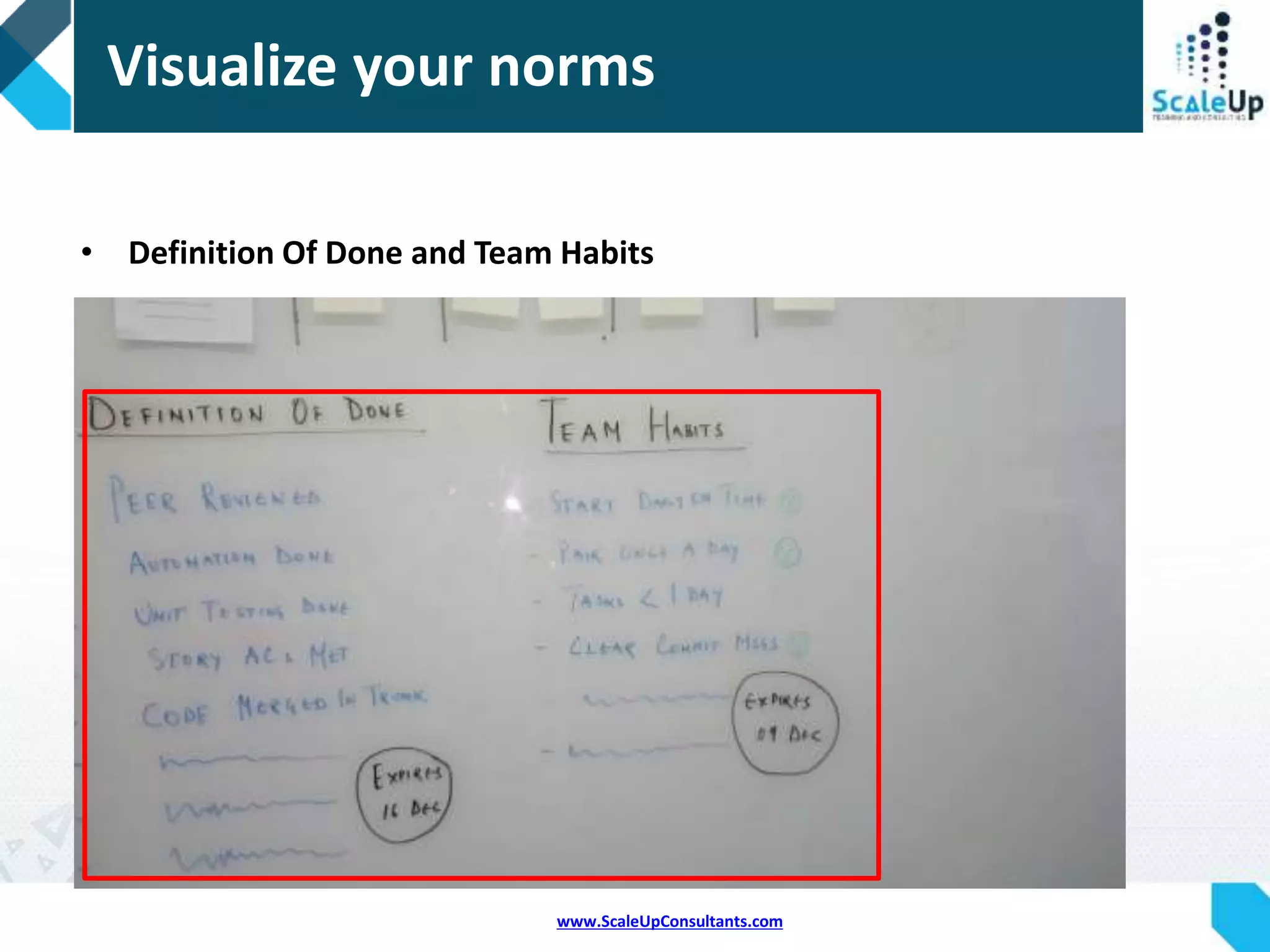www.ScaleUpConsultants.com
Visualize your flow
FLOW
Use columns, rows, lines
to represent your flow
either on wall / white
boards
Workflow helps to see
progress, improve
collaboration and reveal
bottle necks
Keep it Accessible,
Simple, Clean and keep
Evaluating
 