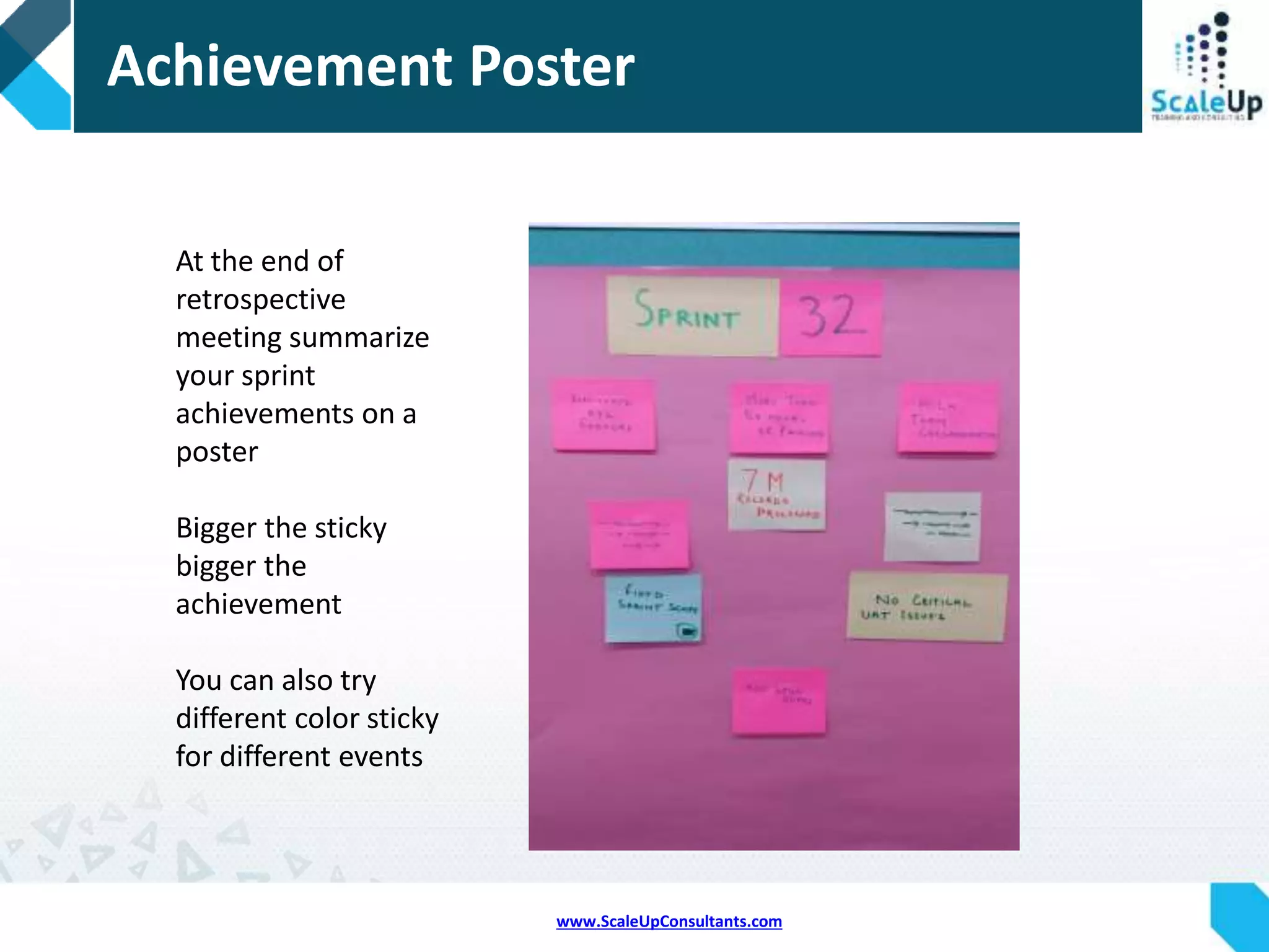 www.ScaleUpConsultants.com
Fail Wall
Team member puts a
post sticky with
description on the
fail wall whenever
he has messed up
Does a failure bow
Team members
applaud for giving
them a learning
Creates safe and
conducive
environment for
experimentation /
learning
 