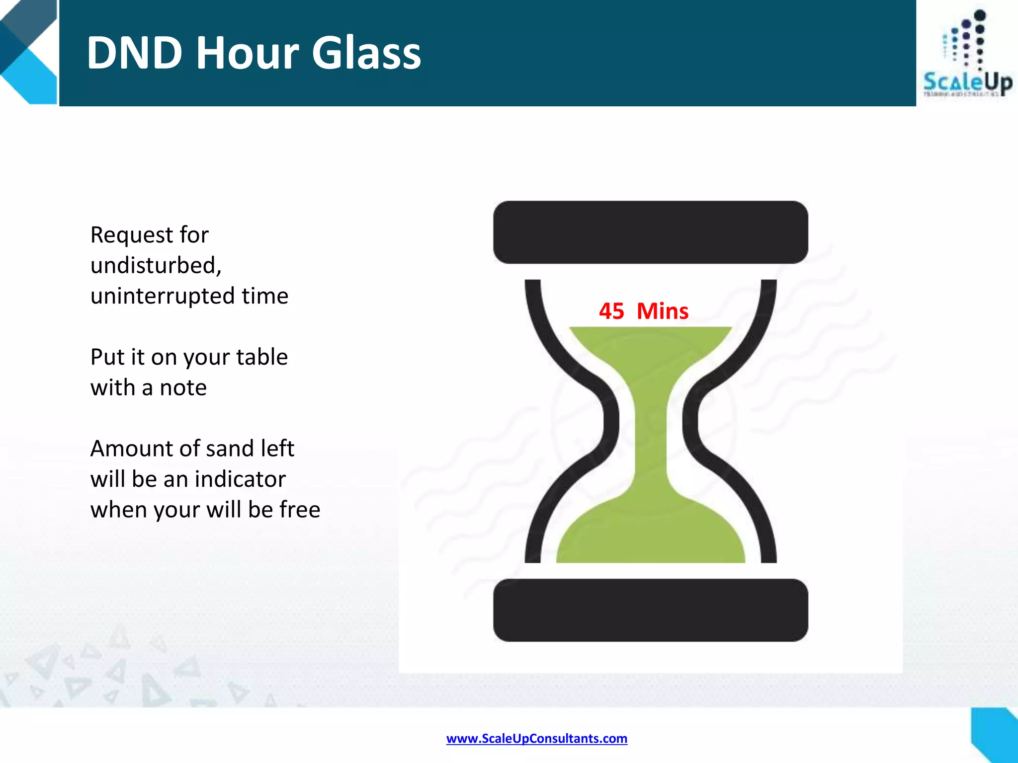 www.ScaleUpConsultants.com
Interruption Bucket
Categorize interruption
on post sticks as per
their common source
Decide upon a
threshold for ex. 4
Whenever threshold is
reached call a meeting
to discuss ways to
reduce them
 