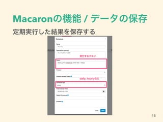 Macaronの機能 / データの保存
定期実行した結果を保存する
16
 