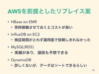AWSを前提としたリプレイス案
• HBase on EMR
• 常時稼働させておくとコストが高い
• InﬂuxDB on EC2
• 検証期間がとれず運用面で信頼しきれなかった
• MySQL(RDS)
• 実績があり，値段も予想できる
• DynamoDB
• 詳しくないが，データはソートできるらしい
23
 