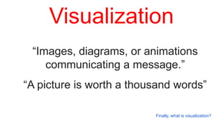 “Images, diagrams, or animations
communicating a message.”
“A picture is worth a thousand words”
Visualization
Finally, wh...