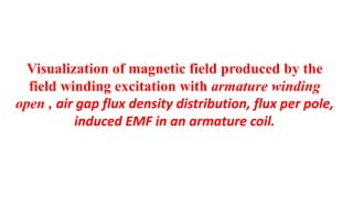 Visualization of magnetic field produced by the
field winding excitation with armature winding
open , air gap flux density distribution, flux per pole,
induced EMF in an armature coil.
 