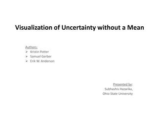 Visualization of Uncertainty without a Mean
Authors:
 Kristin Potter
 Samuel Gerber
 Erik W. Anderson
Presented by:
Subhashis Hazarika,
Ohio State University
 