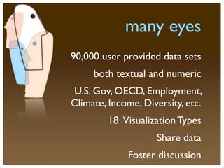 many eyes
90,000 user provided data sets
     both textual and numeric
U.S. Gov, OECD, Employment,
Climate, Income, Diversity, etc.
         18 Visualization Types
                    Share data
             Foster discussion
 