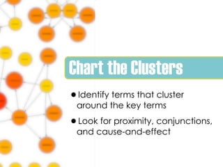 Chart the Clusters
•Identify terms that cluster
 around the key terms

•Look for proximity, conjunctions,
 and cause-and-effect
 