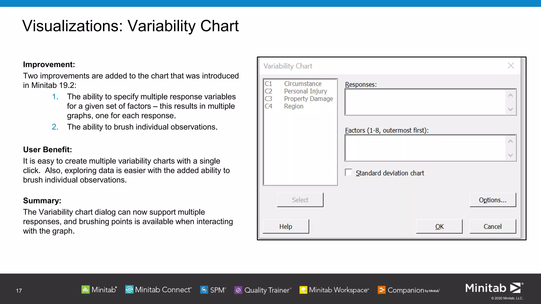 © 2020 Minitab, LLC.
Visualizations: Variability Chart
Improvement:
Two improvements are added to the chart that was introduced
in Minitab 19.2:
1. The ability to specify multiple response variables
for a given set of factors – this results in multiple
graphs, one for each response.
2. The ability to brush individual observations.
User Benefit:
It is easy to create multiple variability charts with a single
click. Also, exploring data is easier with the added ability to
brush individual observations.
Summary:
The Variability chart dialog can now support multiple
responses, and brushing points is available when interacting
with the graph.
17
 