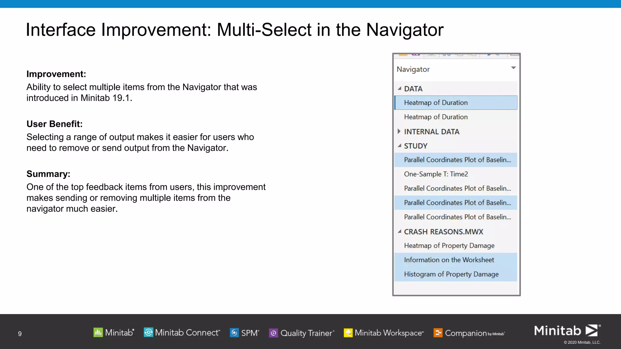 © 2020 Minitab, LLC.
Interface Improvement: Multi-Select in the Navigator
Improvement:
Ability to select multiple items from the Navigator that was
introduced in Minitab 19.1.
User Benefit:
Selecting a range of output makes it easier for users who
need to remove or send output from the Navigator.
Summary:
One of the top feedback items from users, this improvement
makes sending or removing multiple items from the
navigator much easier.
9
Click to add text
 