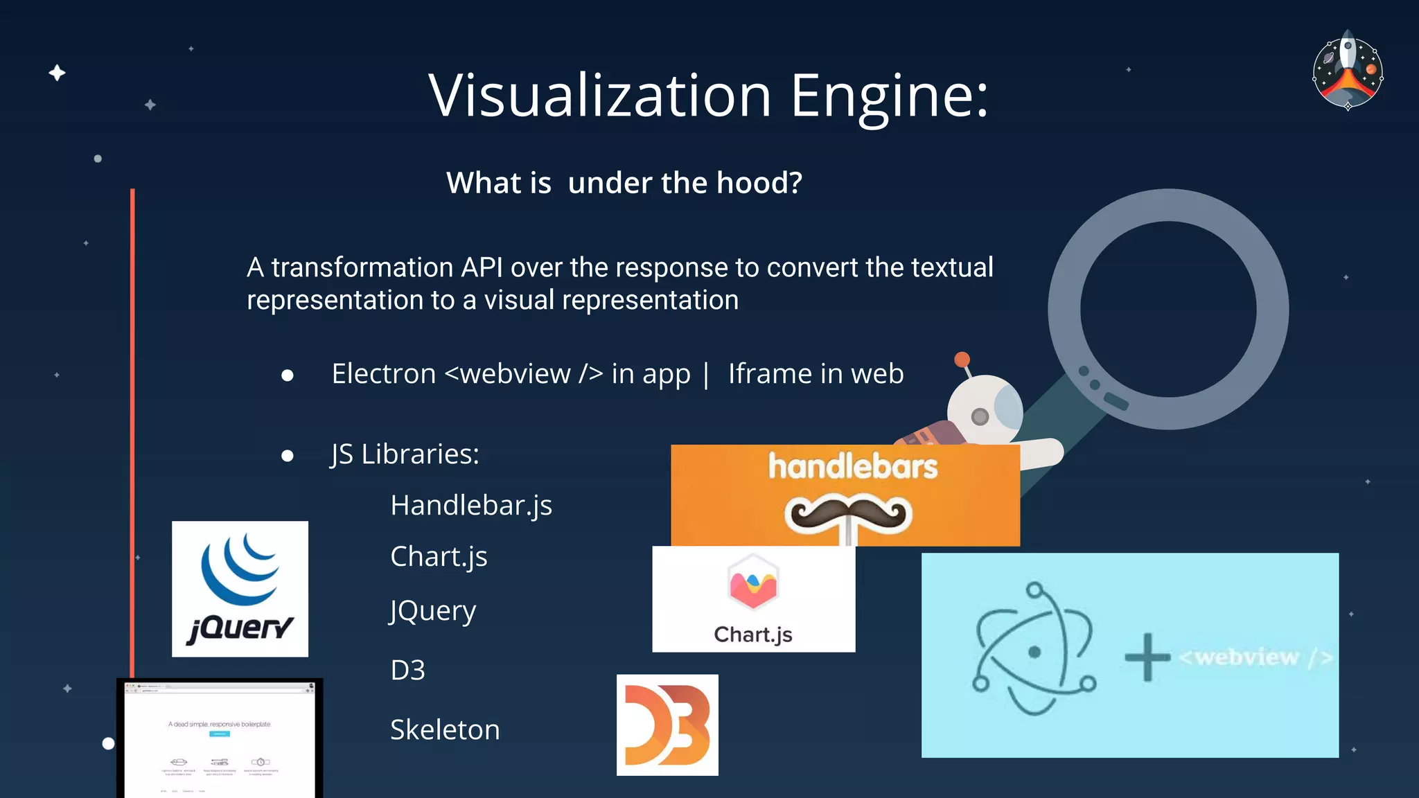 Visualization Engine:
A transformation API over the response to convert the textual
representation to a visual representation
● Electron <webview /> in app | Iframe in web
● JS Libraries:
Handlebar.js
Chart.js
D3
JQuery
Skeleton
 