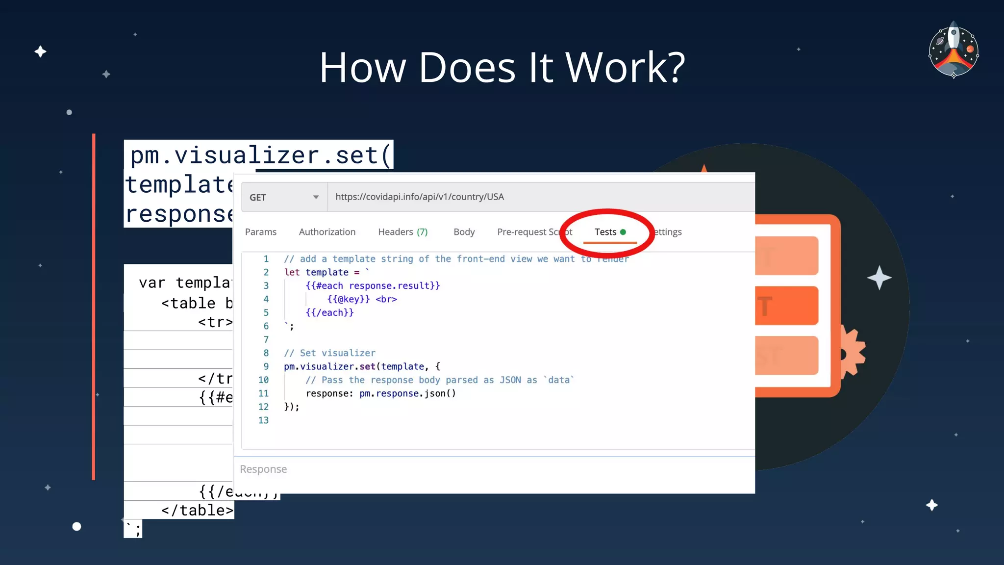 How Does It Work?
pm.visualizer.set(
template,
response:pm.response.json())
var template = `
<table bgcolor="#FFFFFF">
<tr>
<th>Name</th>
<th>Location</th>
</tr>
{{#each response}}
<tr>
<td>{{name}}</td>
<td>{{location}}</td>
</tr>
{{/each}}
</table>
`;
 