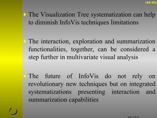 (SG-05) 
20/30 
ccnnooCC 
¨ The Visualization Tree systematization can help 
to diminish InfoVis techniques limitations 
¨ The interaction, exploration and summarization 
functionalities, together, can be considered a 
step further in multivariate visual analysis 
¨ The future of InfoVis do not rely on 
revolutionary new techniques but on integrated 
systematizations presenting interaction and 
summarization capabilities 
 