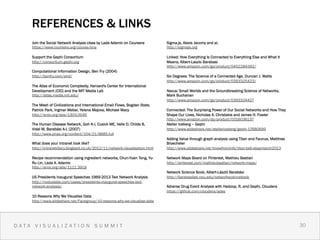 REFERENCES & LINKS
    Join the Social Network Analysis class by Lada Adamic on Coursera        Sigma.js, Alexis Jacomy and al.
    https://www.coursera.org/course/sna                                      http://sigmajs.org

    Support the Gephi Consortium                                             Linked: How Everything Is Connected to Everything Else and What It
    http://consortium.gephi.org                                              Means, Albert-Laszlo Barabasi
                                                                             http://www.amazon.com/gp/product/0452284392/
    Computational Information Design, Ben Fry (2004)
    http://benfry.com/phd/                                                   Six Degrees: The Science of a Connected Age, Duncan J. Watts
                                                                             http://www.amazon.com/gp/product/0393325423/
    The Atlas of Economic Complexity, Harvard's Center for International
    Development (CID) and the MIT Media Lab                                  Nexus: Small Worlds and the Groundbreaking Science of Networks,
    http://atlas.media.mit.edu/                                              Mark Buchanan
                                                                             http://www.amazon.com/gp/product/0393324427
    The Mesh of Civilizations and International Email Flows, Bogdan State,
    Patrick Park, Ingmar Weber, Yelena Mejova, Michael Macy                  Connected: The Surprising Power of Our Social Networks and How They
    http://arxiv.org/abs/1303.0045                                           Shape Our Lives, Nicholas A. Christakis and James H. Fowler
                                                                             http://www.amazon.com/dp/product/0316036137
    The Human Disease Network, Goh K-I, Cusick ME, Valle D, Childs B,        Atelier Iceberg – Gephi
    Vidal M, Barabási A-L (2007)                                             http://www.slideshare.net/ateliericeberg/gephi-17680699
    http://www.pnas.org/content/104/21/8685.full
                                                                             Adding Value through graph analysis using Titan and Faunus, Matthias
    What does your intranet look like?                                       Broecheler
    http://intranetdiary.blogspot.co.uk/2012/11/network-visualisation.html   http://www.slideshare.net/knowfrominfo/titan-talk-ebaymarch2013

    Recipe recommendation using ingredient networks, Chun-Yuen Teng, Yu-     Network Maps Board on Pinterest, Mathieu Bastian
    Ru Lin, Lada A. Adamic                                                   http://pinterest.com/mathieubastian/network-maps/
    http://arxiv.org/abs/1111.3919
                                                                             Network Science Book, Albert-László Barabási
    US Presidents Inaugural Speeches 1969-2013 Text Network Analysis         http://barabasilab.neu.edu/networksciencebook
    http://noduslabs.com/cases/presidents-inaugural-speeches-text-
    network-analysis/                                                        Adverse Drug Event Analysis with Hadoop, R, and Gephi, Cloudera
                                                                             https://github.com/cloudera/ades
    10 Reasons Why We Visualise Data
    http://www.slideshare.net/Facegroup/10-reasons-why-we-visualise-data




DATA VISUALIZATION SUMMIT                                                                                                                           30 3
                                                                                                                                                      0
 