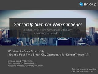 #2: Visualize Your Smart City
- Build a Real-Time Smart City Dashboard for SensorThings API
Dr. Steve Liang, Ph.D., P.Eng.
Founder and CEO, SensorUp Inc.
Associate Professor, University of Calgary
Click here for webinar recording
Click here for source codes
 