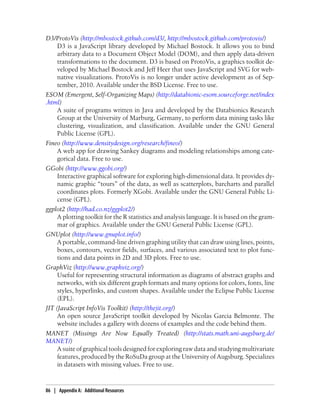 D3/ProtoVis (http://mbostock.github.com/d3/, http://mbostock.github.com/protovis/)
D3 is a JavaScript library developed by Michael Bostock. It allows you to bind
arbitrary data to a Document Object Model (DOM), and then apply data-driven
transformations to the document. D3 is based on ProtoVis, a graphics toolkit de-
veloped by Michael Bostock and Jeff Heer that uses JavaScript and SVG for web-
native visualizations. ProtoVis is no longer under active development as of Sep-
tember, 2010. Available under the BSD License. Free to use.
ESOM (Emergent, Self-Organizing Maps) (http://databionic-esom.sourceforge.net/index
.html)
A suite of programs written in Java and developed by the Databionics Research
Group at the University of Marburg, Germany, to perform data mining tasks like
clustering, visualization, and classification. Available under the GNU General
Public License (GPL).
Fineo (http://www.densitydesign.org/research/fineo/)
A web app for drawing Sankey diagrams and modeling relationships among cate-
gorical data. Free to use.
GGobi (http://www.ggobi.org/)
Interactive graphical software for exploring high-dimensional data. It provides dy-
namic graphic “tours” of the data, as well as scatterplots, barcharts and parallel
coordinates plots. Formerly XGobi. Available under the GNU General Public Li-
cense (GPL).
ggplot2 (http://had.co.nz/ggplot2/)
A plotting toolkit for the R statistics and analysis language. It is based on the gram-
mar of graphics. Available under the GNU General Public License (GPL).
GNUplot (http://www.gnuplot.info/)
A portable, command-line driven graphing utility that can draw using lines, points,
boxes, contours, vector fields, surfaces, and various associated text to plot func-
tions and data points in 2D and 3D plots. Free to use.
GraphViz (http://www.graphviz.org/)
Useful for representing structural information as diagrams of abstract graphs and
networks, with six different graph formats and many options for colors, fonts, line
styles, hyperlinks, and custom shapes. Available under the Eclipse Public License
(EPL).
JIT (JavaScript InfoVis Toolkit) (http://thejit.org/)
An open source JavaScript toolkit developed by Nicolas Garcia Belmonte. The
website includes a gallery with dozens of examples and the code behind them.
MANET (Missings Are Now Equally Treated) (http://stats.math.uni-augsburg.de/
MANET/)
A suite of graphical tools designed for exploring raw data and studying multivariate
features, produced by the RoSuDa group at the University of Augsburg. Specializes
in datasets with missing values. Free to use.
86 | Appendix A: Additional Resources
 