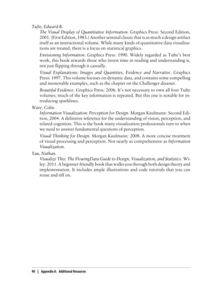 Tufte, Edward R.
The Visual Display of Quantitative Information. Graphics Press: Second Edition,
2001. (First Edition, 1983.) Another seminal classic that is as much a design artifact
itself as an instructional volume. While many kinds of quantitative data visualiza-
tions are treated, there is a focus on statistical graphics.
Envisioning Information. Graphics Press: 1990. Widely regarded as Tufte’s best
work, this book rewards those who invest time in reading and understanding it,
not just flipping through it casually.
Visual Explanations: Images and Quantities, Evidence and Narrative. Graphics
Press: 1997. This volume focuses on dynamic data, and contains some compelling
and memorable examples, such as the chapter on the Challenger disaster.
Beautiful Evidence. Graphics Press: 2006. It’s not necessary to own all four Tufte
volumes; much of the key information is repeated. But this one is notable for in-
troducing sparklines.
Ware, Colin.
Information Visualization: Perception for Design. Morgan Kaufmann: Second Edi-
tion, 2004. A definitive reference for the understanding of vision, perception, and
related cognition. This is the book many visualization professionals turn to when
we need to answer fundamental questions of perception.
Visual Thinking for Design. Morgan Kaufmann: 2008. A more concise treatment
of visual processing and perception. Not nearly as comprehensive as Information
Visualization.
Yau, Nathan.
Visualize This: The FlowingData Guide to Design, Visualization, and Statistics. Wi-
ley: 2011. A beginner-friendly book that walks you through both design theory and
implementation. It includes ample illustrations and code tutorials that you can
reuse and riff on.
90 | Appendix A: Additional Resources
 