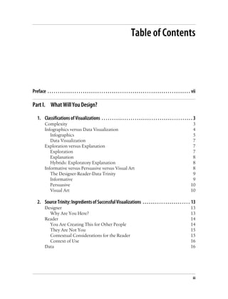 Table of Contents
Preface . . . . . . . . . . . . . . . . . . . . . . . . . . . . . . . . . . . . . . . . . . . . . . . . . . . . . . . . . . . . . . . . . . . . . vii
Part I. What Will You Design?
1. Classifications of Visualizations . . . . . . . . . . . . . . . . . . . . . . . . . . . . . . . . . . . . . . . . . . . . 3
Complexity 3
Infographics versus Data Visualization 4
Infographics 5
Data Visualization 7
Exploration versus Explanation 7
Exploration 7
Explanation 8
Hybrids: Exploratory Explanation 8
Informative versus Persuasive versus Visual Art 8
The Designer-Reader-Data Trinity 9
Informative 9
Persuasive 10
Visual Art 10
2. Source Trinity: Ingredients of Successful Visualizations . . . . . . . . . . . . . . . . . . . . . . . 13
Designer 13
Why Are You Here? 13
Reader 14
You Are Creating This for Other People 14
They Are Not You 15
Contextual Considerations for the Reader 15
Context of Use 16
Data 16
iii
 