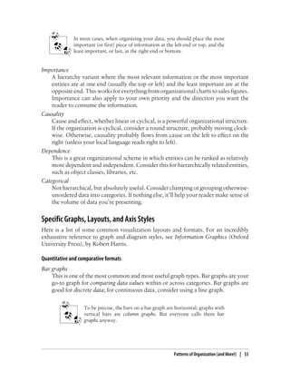 In most cases, when organizing your data, you should place the most
important (or first) piece of information at the left end or top, and the
least important, or last, at the right end or bottom.
Importance
A hierarchy variant where the most relevant information or the most important
entities are at one end (usually the top or left) and the least important are at the
opposite end. This works for everything from organizational charts to sales figures.
Importance can also apply to your own priority and the direction you want the
reader to consume the information.
Causality
Cause and effect, whether linear or cyclical, is a powerful organizational structure.
If the organization is cyclical, consider a round structure, probably moving clock-
wise. Otherwise, causality probably flows from cause on the left to effect on the
right (unless your local language reads right to left).
Dependence
This is a great organizational scheme in which entities can be ranked as relatively
more dependent and independent. Consider this for hierarchically related entities,
such as object classes, libraries, etc.
Categorical
Not hierarchical, but absolutely useful. Consider clumping or grouping otherwise-
unordered data into categories. If nothing else, it’ll help your reader make sense of
the volume of data you’re presenting.
Specific Graphs, Layouts, and Axis Styles
Here is a list of some common visualization layouts and formats. For an incredibly
exhaustive reference to graph and diagram styles, see Information Graphics (Oxford
University Press), by Robert Harris.
Quantitative and comparative formats
Bar graphs
This is one of the most common and most useful graph types. Bar graphs are your
go-to graph for comparing data values within or across categories. Bar graphs are
good for discrete data; for continuous data, consider using a line graph.
To be precise, the bars on a bar graph are horizontal; graphs with
vertical bars are column graphs. But everyone calls them bar
graphs anyway.
Patterns of Organization (and More!) | 53
 