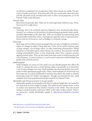 an effective compliment for visualization styles where trends are visible, but pre-
cision is harder to perceive. Note that table cells can contain data other than text,
and the cell itself can be encoded with color or other visual properties, as in the
Periodic Table of the Elements.
Periodic tables
Best choice for periodic data. There are no other rigorously valid use cases. None.
Not even if it’s really clever.
Treemaps
Treemaps (not to be confused with tree diagrams) were invented by Ben Shnei-
derman# as a solution to the problem of representing proportional values and hi-
erarchal relationships at the same time. They are excellent for representing many
hierarchically nested data values. Treemaps are typically used to represent distri-
bution and use of resources, such as budgets or computer storage.
Heat maps
Heat maps are two-dimensional area graphs that use color or brightness to indicate
values (or changes in value) of large data sets. Color can be used to indicate areas
of large changes, out-of-range values, or other interesting characteristics. While
red-green or red-yellow-green color schemes are common, best practices include
muting unremarkable values so that interesting values have a greater contrast
against normal values. This can also make heat maps easier to read for people with
color blindness. In some instances, it can be easier to perceive small-multiple line
graphs than colored sections.*
Small multiples
Small multiples are arrays of very small, not very detailed graphs that allow the
reader to compare the sense or trend of many values concurrently, or to show how
a set of values changes over time. Small multiples are often line graphs, but can be
made of other appropriate graph styles. Often, small multiples are used in the way
heat maps are, as a quick dashboard or interface that allows the reader to identify
interesting values for further investigation. Though not invented by him, small
multiples have been popularized and advocated for by Edward Tufte.
Marimekko (also known as matrix or mosaic) graphs
Marimekko graphs are bar graphs with bars of uniform height that are stacked in
two directions to form a larger rectangle. The width of each column varies, so that
its surface area represents that column’s fraction of the whole. The sum of each
column’s stacked sections represents 100% of the value of that column. There’s
an interactive sample Marimekko graph at http://www.freakalytics.com/mari
mekko.
#See http://www.cs.umd.edu/hcil/treemap-history/index.shtml.
* See http://people.seas.harvard.edu/~miriah/pathline.org/pathline.pdf.
56 | Chapter 5: First, Place
 