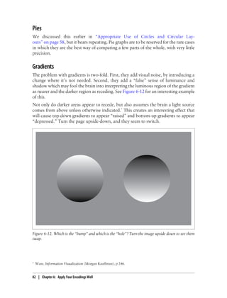 Pies
We discussed this earlier in “Appropriate Use of Circles and Circular Lay-
outs” on page 58, but it bears repeating. Pie graphs are to be reserved for the rare cases
in which they are the best way of comparing a few parts of the whole, with very little
precision.
Gradients
The problem with gradients is two-fold. First, they add visual noise, by introducing a
change where it’s not needed. Second, they add a “false” sense of luminance and
shadow which may fool the brain into interpreting the luminous region of the gradient
as nearer and the darker region as receding. See Figure 6-12 for an interesting example
of this.
Not only do darker areas appear to recede, but also assumes the brain a light source
comes from above unless otherwise indicated.* This creates an interesting effect that
will cause top-down gradients to appear “raised” and bottom-up gradients to appear
“depressed.” Turn the page upside-down, and they seem to switch.
Figure 6-12. Which is the “bump” and which is the “hole”? Turn the image upside down to see them
swap.
* Ware, Information Visualization (Morgan Kauffman), p 246.
82 | Chapter 6: Apply Your Encodings Well
 