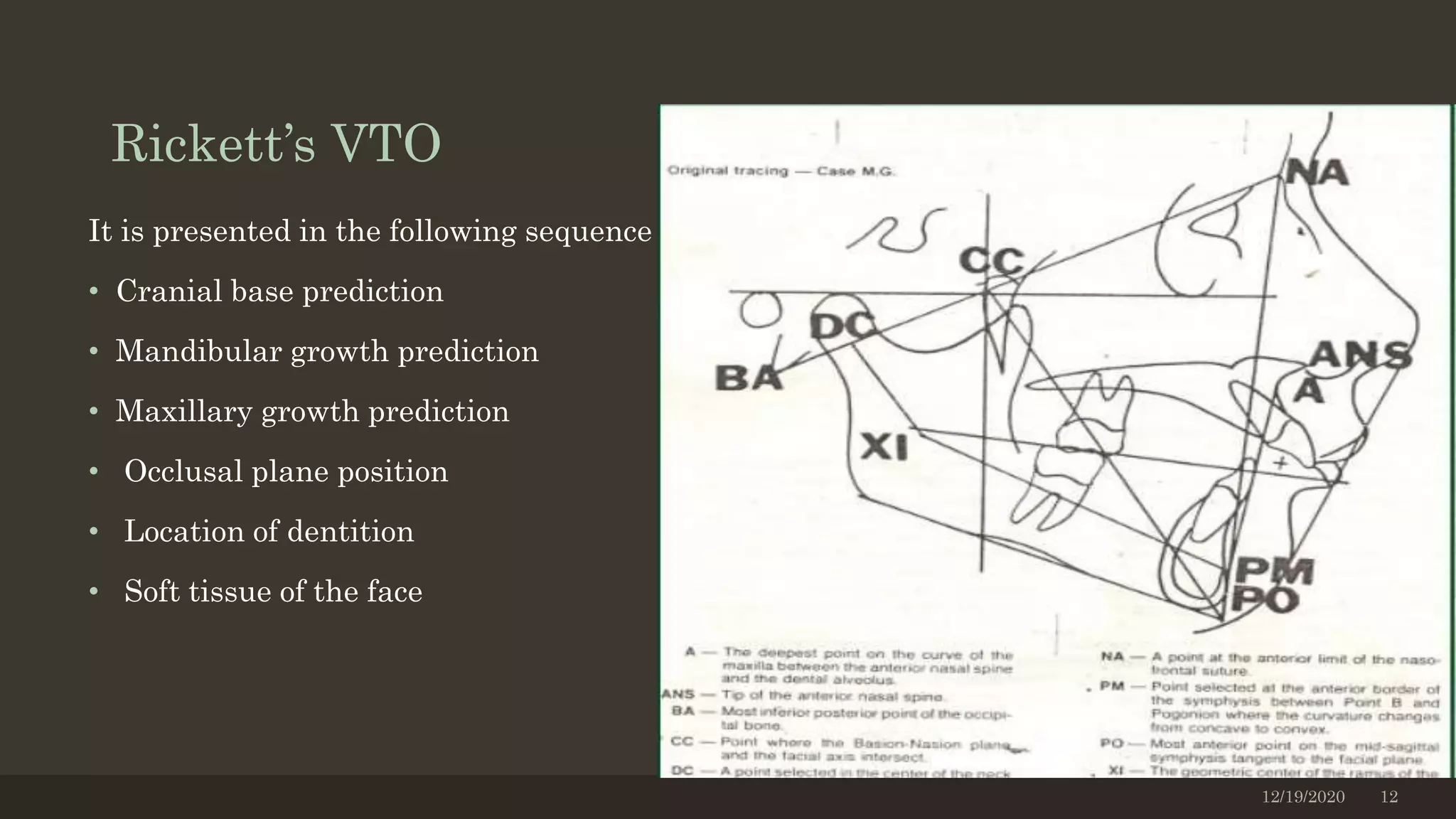 Rickett’s VTO
It is presented in the following sequence
• Cranial base prediction
• Mandibular growth prediction
• Maxillary growth prediction
• Occlusal plane position
• Location of dentition
• Soft tissue of the face
12/19/2020 12
 