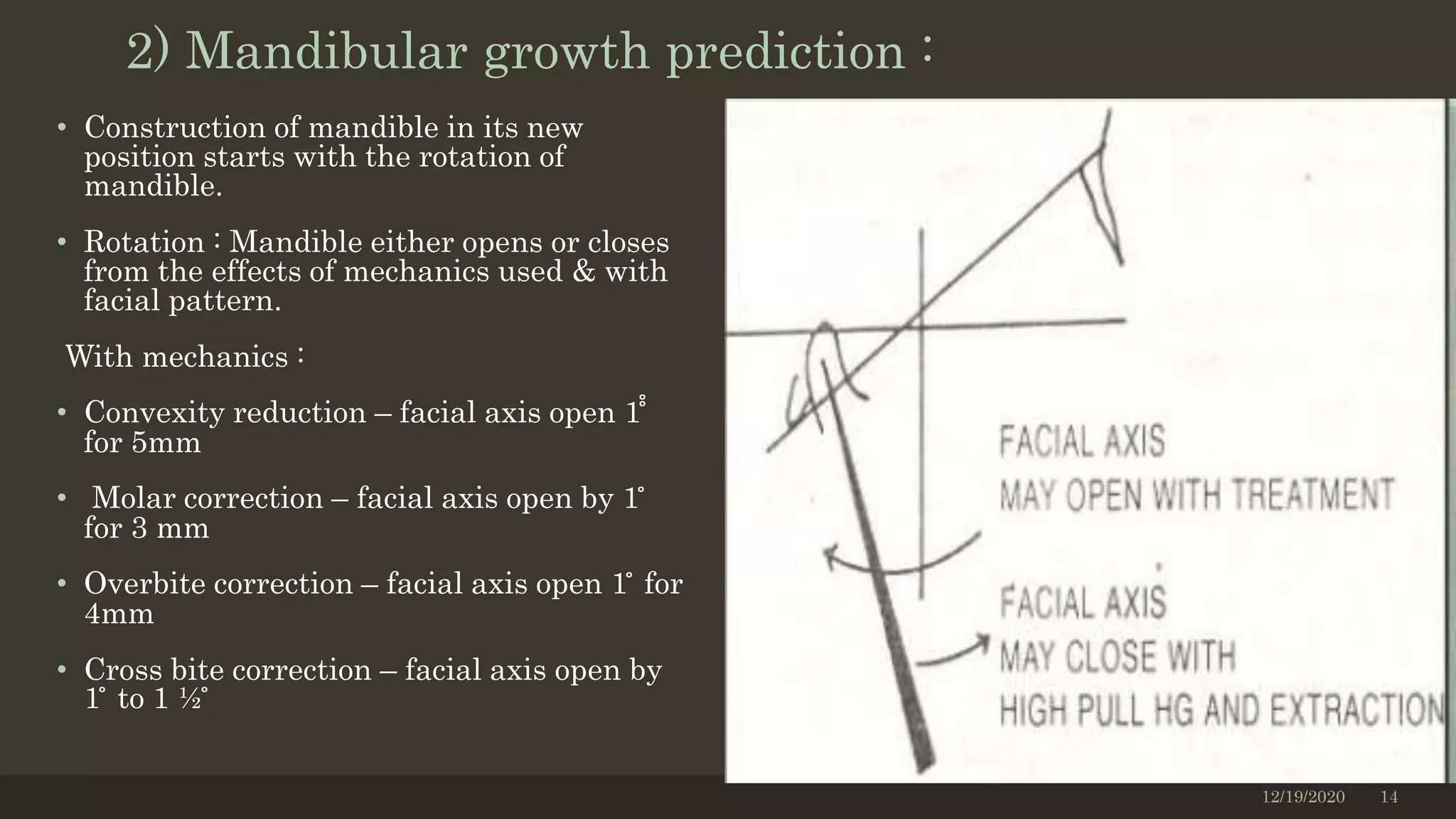 2) Mandibular growth prediction :
• Construction of mandible in its new
position starts with the rotation of
mandible.
• Rotation : Mandible either opens or closes
from the effects of mechanics used & with
facial pattern.
With mechanics :
• Convexity reduction – facial axis open 1 ̊̊
for 5mm
• Molar correction – facial axis open by 1 ̊
for 3 mm
• Overbite correction – facial axis open 1 ̊ for
4mm
• Cross bite correction – facial axis open by
1 ̊ to 1 ½ ̊
12/19/2020 14
 