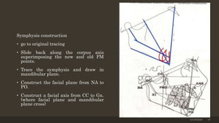 Symphysis construction
• go to original tracing
• Slide back along the corpus axis
superimposing the new and old PM
points.
• Trace the symphysis and draw in
mandibular plane.
• Construct the facial plane from NA to
PO.
• Construct a facial axis from CC to Gn.
(where facial plane and mandibular
plane cross)
12/19/2020 18
 
