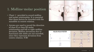 1. Midline-molar position
• Chart 1 : provided to record midline
and molar relationship. It is essential
that these factors be recorded with the
mandible in centric relation.
• Arrows are used to record the direction
of class II or class III molar
relationship and left or right midline
deviation. Midline deviations due to
functional side shifts are not recorded,
since they represent deviation from
centric relation. (CR)
12/19/2020 47
 