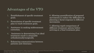 Advantages of the VTO
1. Establishment of specific treatment
goals.
2. Formulation of specific treatment
plan to reach treatment goals.
3. Assistance in making midtreatment
correction.
4. Assistance in determining if an ideal
treatment result is attainable
orthodontically/surgically.
5. Enhancing communication between
patients and clinicians..
6. Allowing quantification of proposed
movements to reduce the difficulties in
planning a facial response to different
movements
7. Allowing rapid comparisons of
different treatment options before
arriving at a final treatment plan.
12/19/2020
Visual Treatment Objective: A Review. Indian Journal of Dental Advancements [Internet]. 2018 Sep 30 [cited 2020 Apr
13];10(3). Available from: http://rep.nacd.in/ijda/10/03/10.03.10136.pdf 5
 