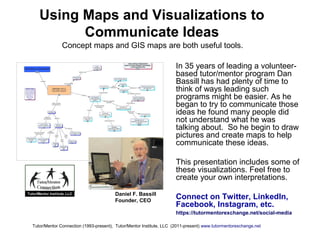 Using Maps and Visualizations to
Communicate Ideas
In 35 years of leading a volunteer-
based tutor/mentor program Dan
Bassill has had plenty of time to
think of ways leading such
programs might be easier. As he
began to try to communicate those
ideas he found many people did
not understand what he was
talking about. So he begin to draw
pictures and create maps to help
communicate these ideas.
This presentation includes some of
these visualizations. Feel free to
create your own interpretations.
Connect on Twitter, LinkedIn,
Facebook, Instagram, etc.
https://tutormentorexchange.net/social-media
Tutor/Mentor Connection (1993-present), Tutor/Mentor Institute, LLC (2011-present) www.tutormentorexchange.net
Concept maps and GIS maps are both useful tools.
Daniel F. Bassill
Founder, CEO
 