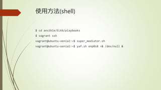 使用方法(shell)
$ cd ansible/ELK6/playbooks
$ vagrant ssh
vagrant@ubuntu-xenial:~$ super_mediator.sh
vagrant@ubuntu-xenial:~$ yaf.sh enp0s8 >& /dev/null &
 