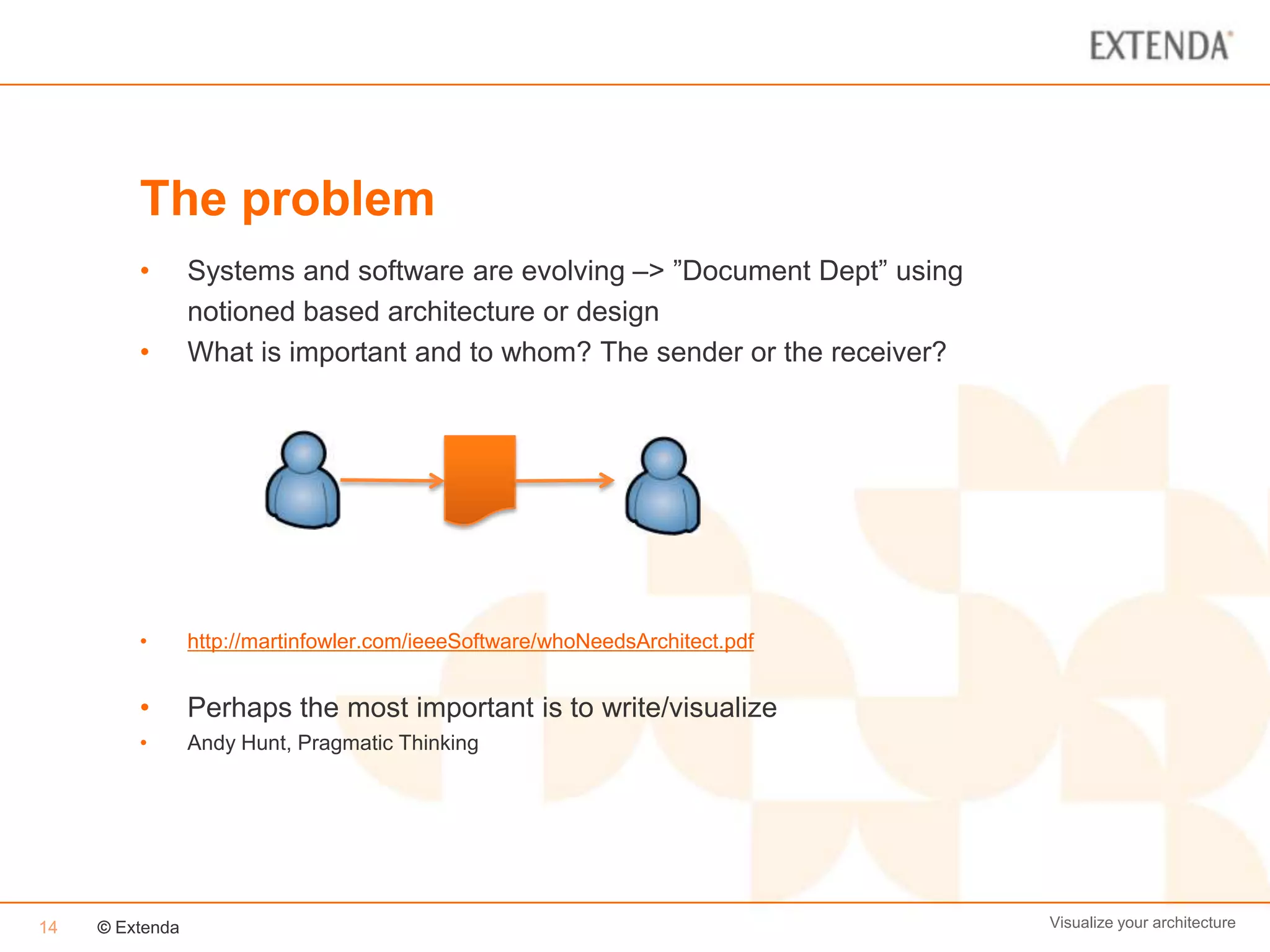 The problem
         •       Systems and software are evolving –> ”Document Dept” using
                 notioned based architecture or design
         •       What is important and to whom? The sender or the receiver?




         •       http://martinfowler.com/ieeeSoftware/whoNeedsArchitect.pdf


         •       Perhaps the most important is to write/visualize
         •       Andy Hunt, Pragmatic Thinking




14   © Extenda                                                                Visualize your architecture
 
