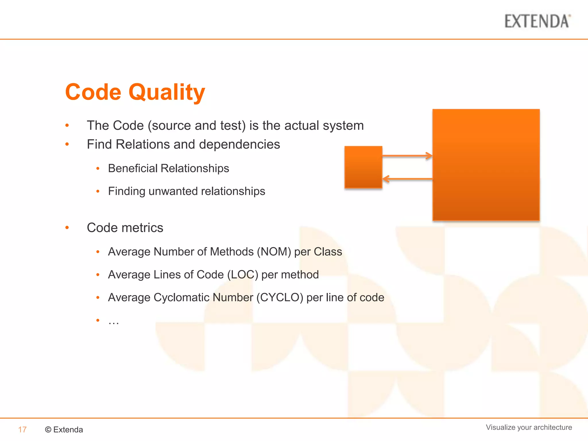 Code Quality
         •       The Code (source and test) is the actual system
         •       Find Relations and dependencies
                  • Beneficial Relationships
                  • Finding unwanted relationships


         •       Code metrics
                  • Average Number of Methods (NOM) per Class
                  • Average Lines of Code (LOC) per method
                  • Average Cyclomatic Number (CYCLO) per line of code
                  • …




17   © Extenda                                                           Visualize your architecture
 