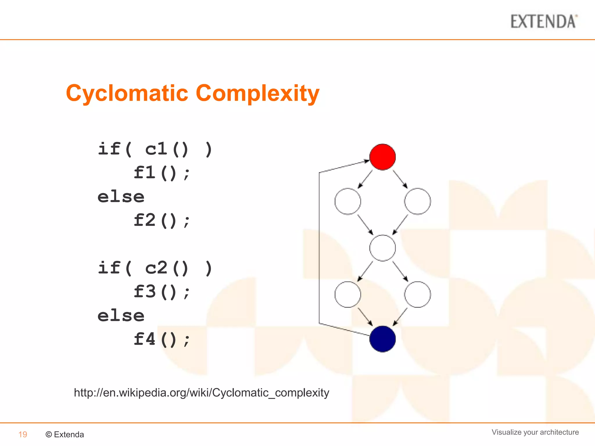 Cyclomatic Complexity

                 if( c1() )
                    f1();
                 else
                    f2();

                 if( c2() )
                    f3();
                 else
                    f4();

           http://en.wikipedia.org/wiki/Cyclomatic_complexity


19   © Extenda                                                  Visualize your architecture
 