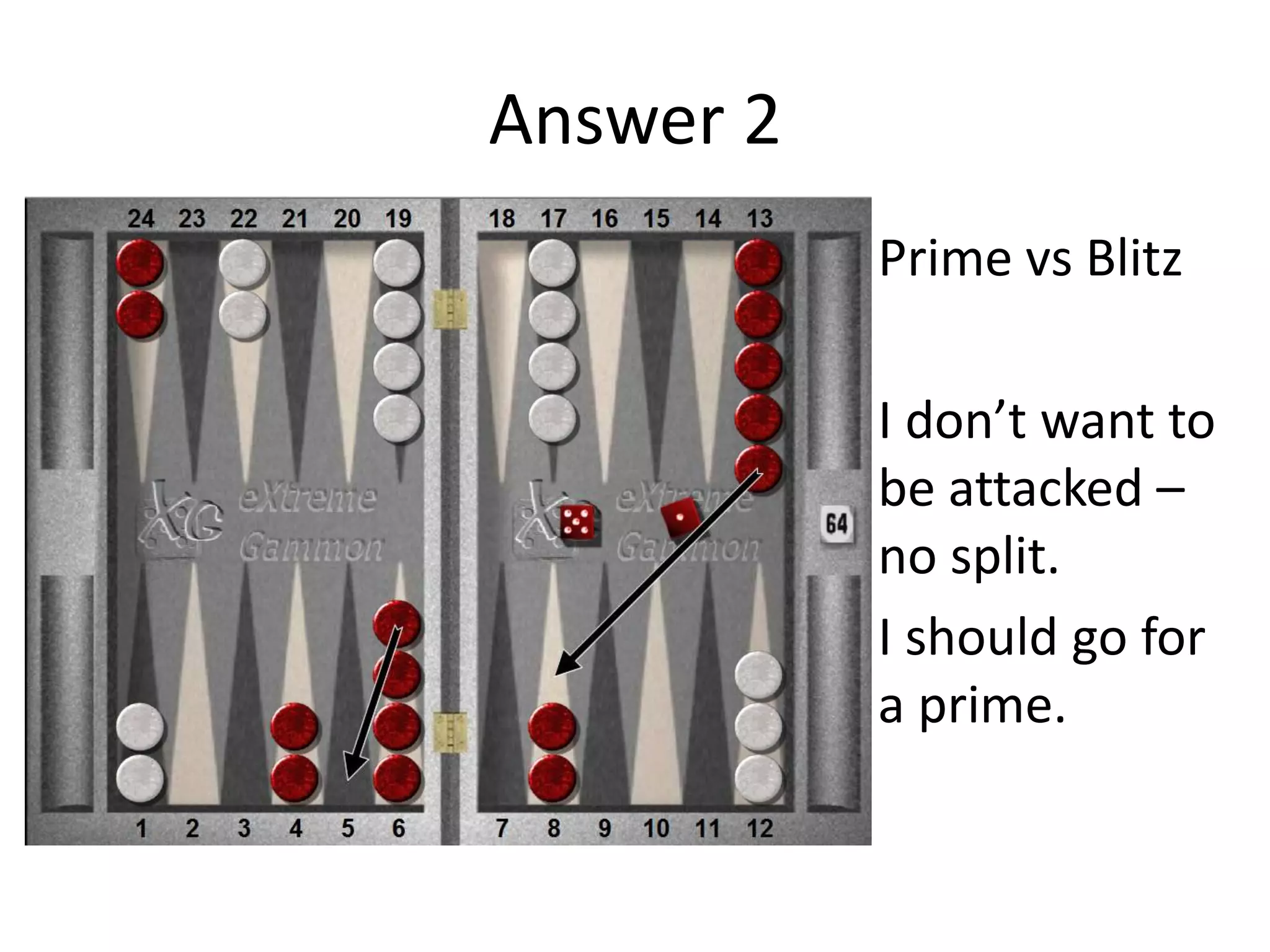 Answer 2
Prime vs Blitz
I don’t want to
be attacked –
no split.
I should go for
a prime.
 