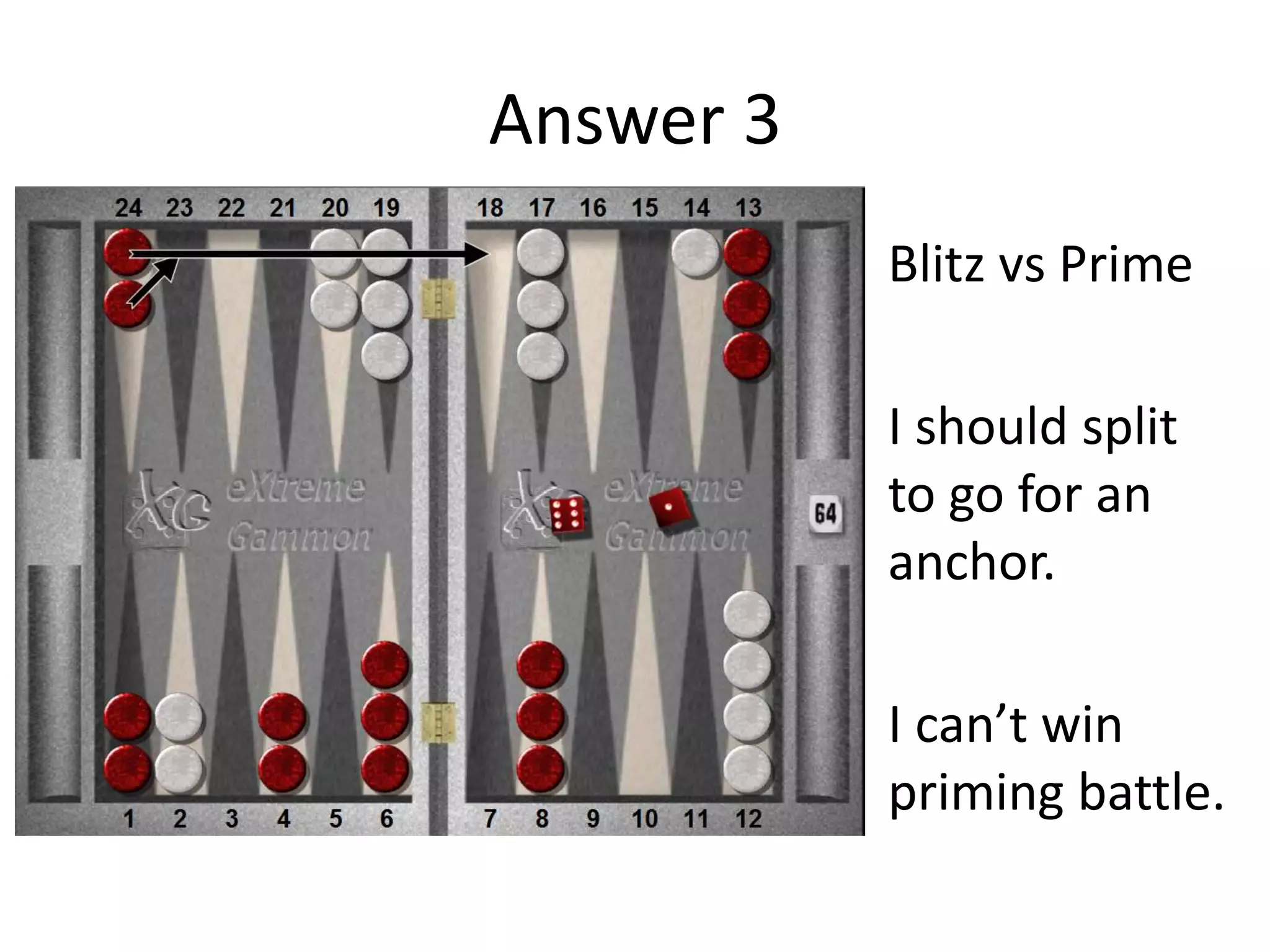 Answer 3
Blitz vs Prime
I should split
to go for an
anchor.
I can’t win
priming battle.
 