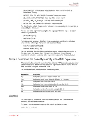 • {$SYSDATE()$} - Current date, the system date of the server on which BI
Publisher is running.
• {$FIRST_DAY_OF_MONTH()$} - First day of the current month
• {$LAST_DAY_OF_MONTH()$} - Last day of the current month
• {$FIRST_DAY_OF_YEAR()$} - First day of the current year
• {$LAST_DAY_OF_YEAR()$} - Last day of the current year
The date function calls in the parameter values are not evaluated until the report job is
executed by the Scheduler.
You can also enter expressions using the plus sign (+) and minus sign (-) to add or
subtract days as follows:
• {$SYSDATE()+1$}
• {$SYSDATE()-7$}
For this example, to capture data from the previous week, each time the schedule
runs, enter the following in the report's date parameter fields:
• Date From: {$SYSDATE()-7$}
• Date To: {$SYSDATE()-1$}
You can set up the date functions as default parameter values in the data model. In
this case, every time a user views the report from the report viewer, the date
parameter is calculated according to the expression supplied for the default value.
Define a Destination File Name Dynamically with a Date Expression
When entering the remote file name for a Web folder or FTP destination, you can enter
a date expression to dynamically include a date expression in the file name. The date
is set at runtime, using the server time zone.
The date expressions are described in the following table.
Expression Description
%y Displays the year in four digits: Example: 2011
%m Displays the month in two digits: 01-12 (where 01 = January)
%d Displays the date in two digits: 01-31
%H Displays the hour in two digits based on 24-hour day: 00-24
%M Displays the minute in two digits: 00 - 59
%S Displays the number of seconds in two digits: 00 - 59
%l Displays milliseconds in three digits: 000 - 999
Examples
Use these steps to create a file name that appends a date and a file name that
prefixes a date and appends a time.
To create a file name that appends the day, month, and year such as:
myfile_01_11_2010.pdf
Chapter 21
Advanced Topics
21-12
 