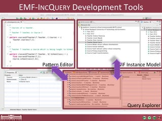 EMF-­‐INCQUERY	
  Development	
  Tools	
  




       Pajern	
  Editor	
       EMF	
  Instance	
  Model	
  




                                       Query	
  Explorer	
  
 