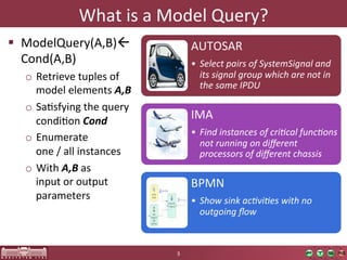 What	
  is	
  a	
  Model	
  Query?	
  
  ModelQuery(A,B)	
                            AUTOSAR	
  
   Cond(A,B)	
                                   •  Select  pairs  of  SystemSignal	
  and  
   o  Retrieve	
  tuples	
  of	
                    its  signal  group  which  are  not  in  
                                                    the  same  IPDU	
  
      model	
  elements	
  A,B  
   o  SaOsfying	
  the	
  query	
  
      condiOon	
  Cond  
                                                 IMA	
  
                                                 •  Find  instances  of  cri;cal  func;ons  
   o  Enumerate	
  	
                               not  running  on  diﬀerent  
      one	
  /	
  all	
  instances	
                processors  of  diﬀerent  chassis	
  
   o  With	
  A,B	
  as	
  	
  
      input	
  or	
  output	
                    BPMN	
  
      parameters	
                               •  Show  sink  ac;vi;es  with  no  
                                                    outgoing  ﬂow	
  



                                         3	
  
 